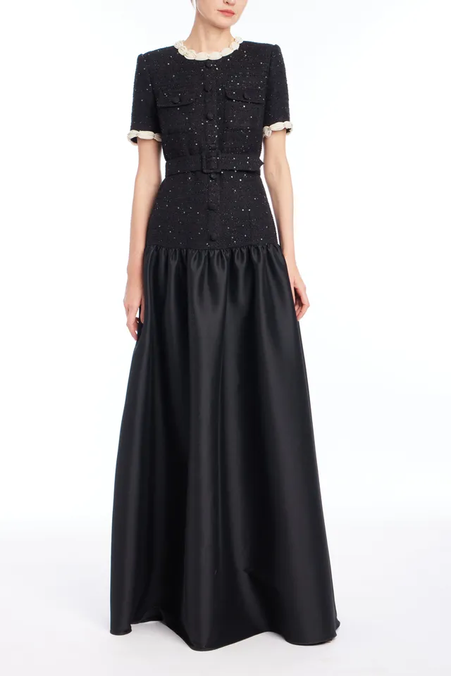 badgley-mischka-a-linie-pailletten-tweed-abendkleid-schwarz-lang image 1