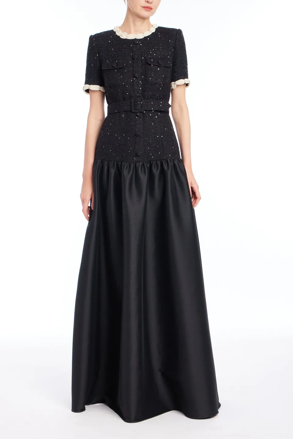 badgley-mischka-a-linie-pailletten-tweed-abendkleid-schwarz-lang image 1