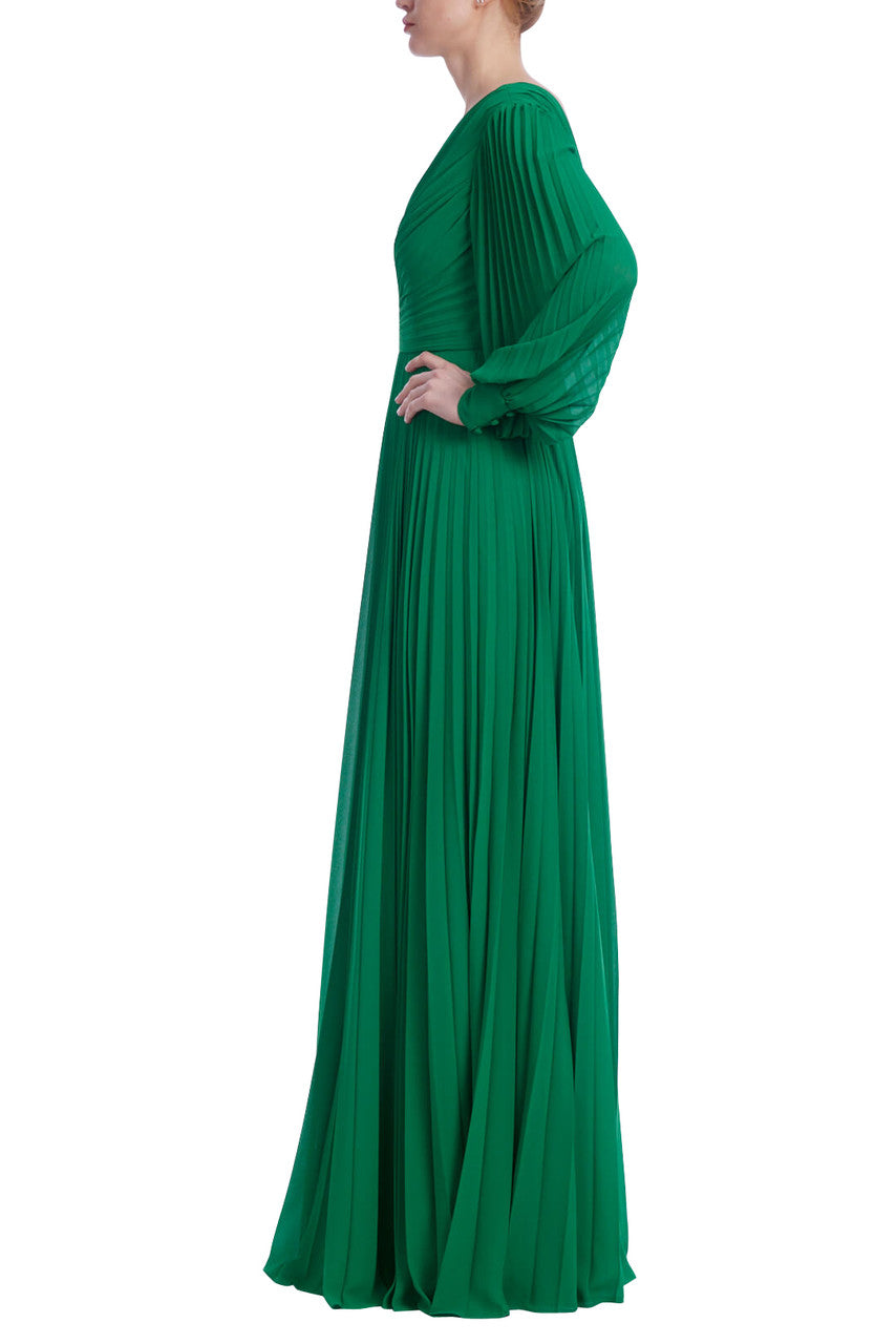 badgley-mischka-v-neck-long-sleeve-pleated-gown-abendkleid-gr-n image 2