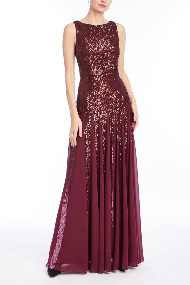 badgley-mischka-sequin-godet-kleid-weinrot-pailletten-lang image 1
