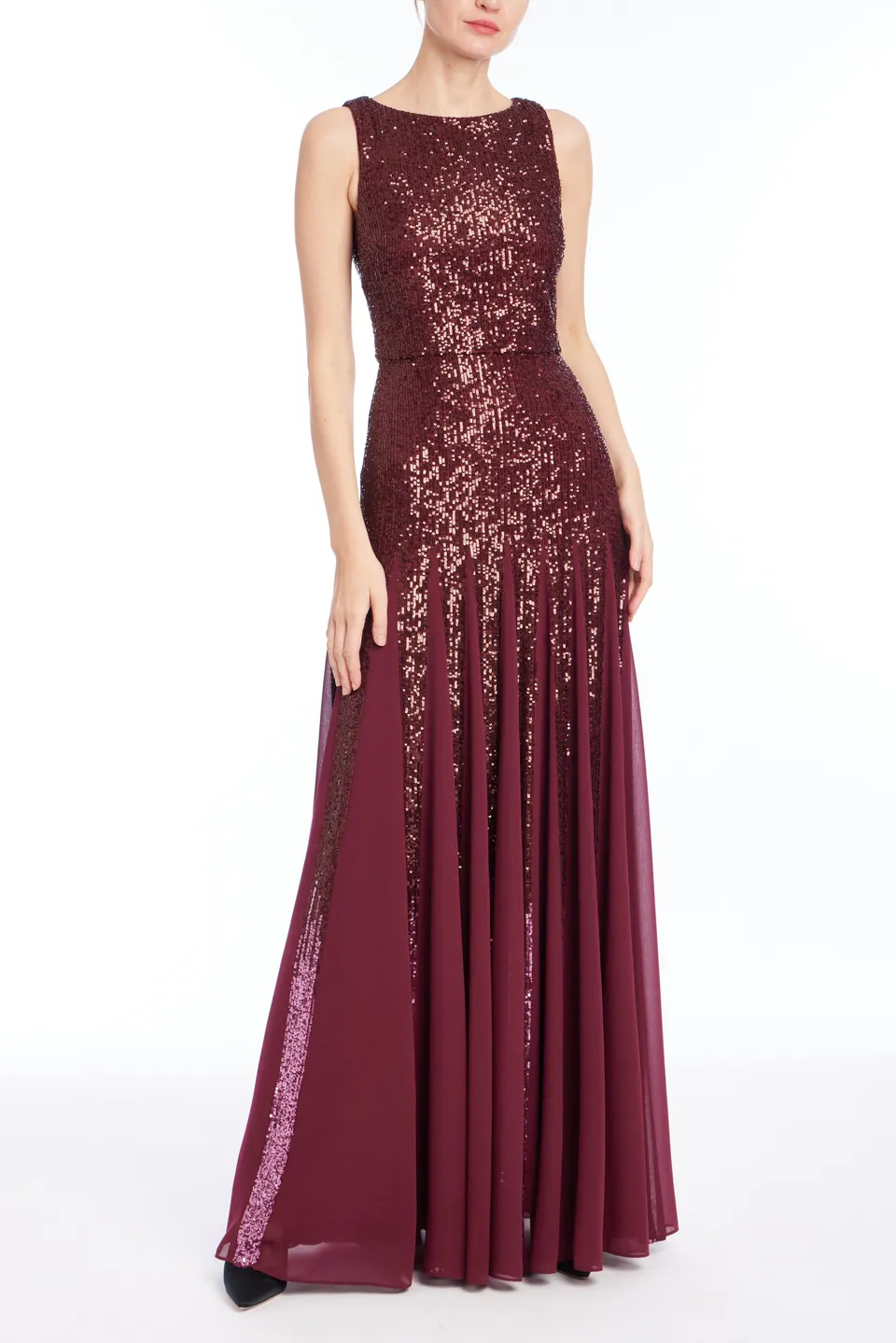 badgley-mischka-sequin-godet-kleid-weinrot-pailletten-lang image 1