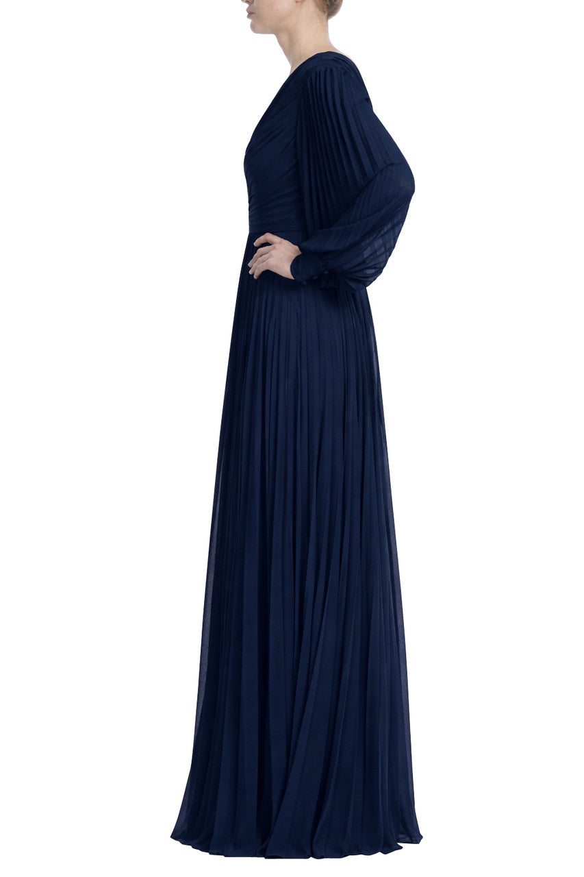 badgley-mischka-v-neck-long-sleeve-pleated-gown-abendkleid-gr-n image 3