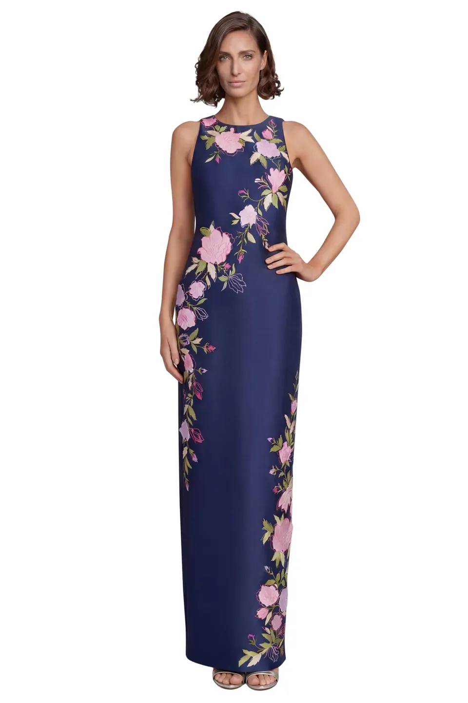 badgley-mischka-floral-column-abendkleid-navy-stickerei-maxi image 1