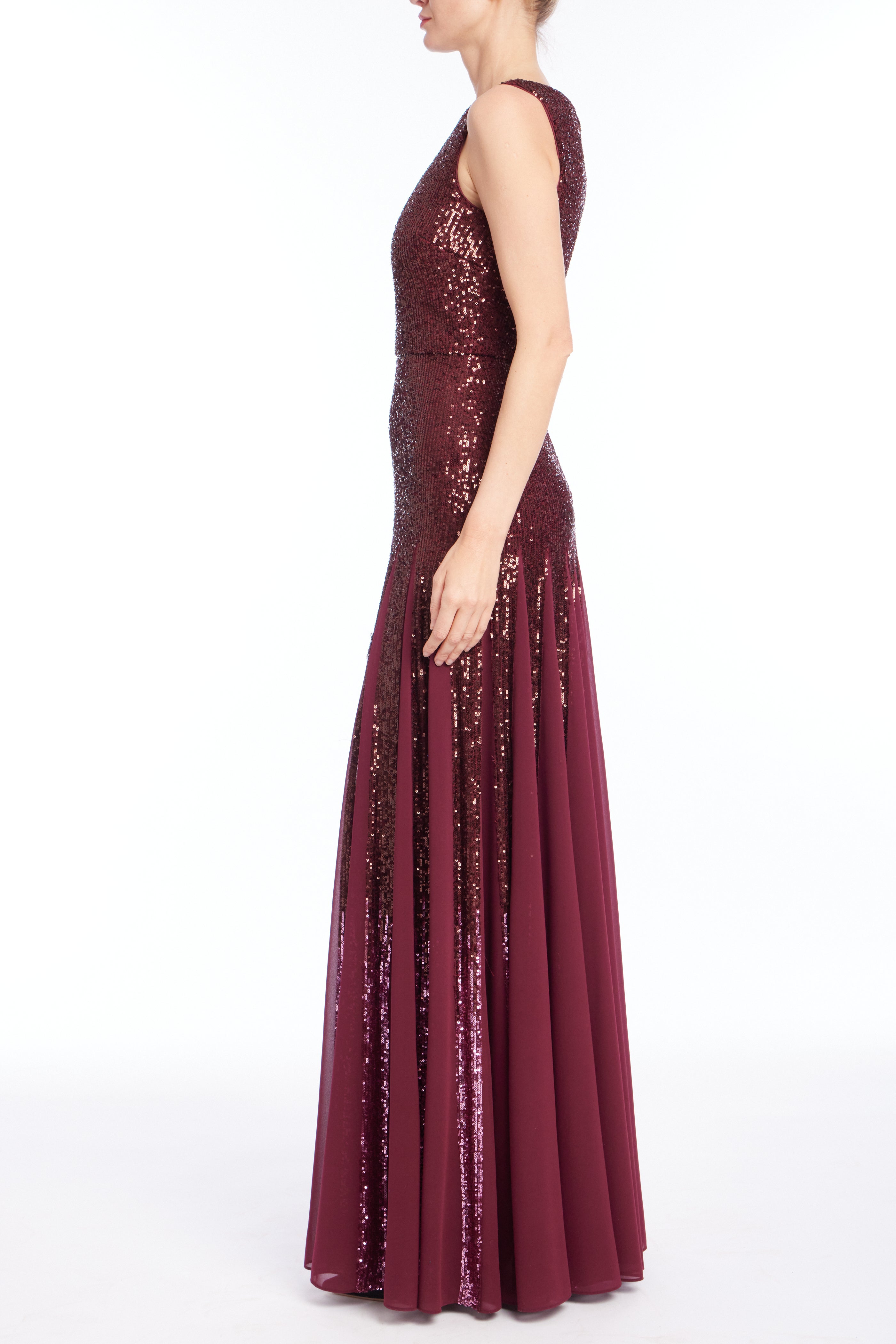 badgley-mischka-sequin-godet-kleid-weinrot-pailletten-lang image 2