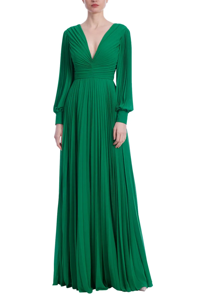 badgley-mischka-v-neck-long-sleeve-pleated-gown-abendkleid-gr-n image 1