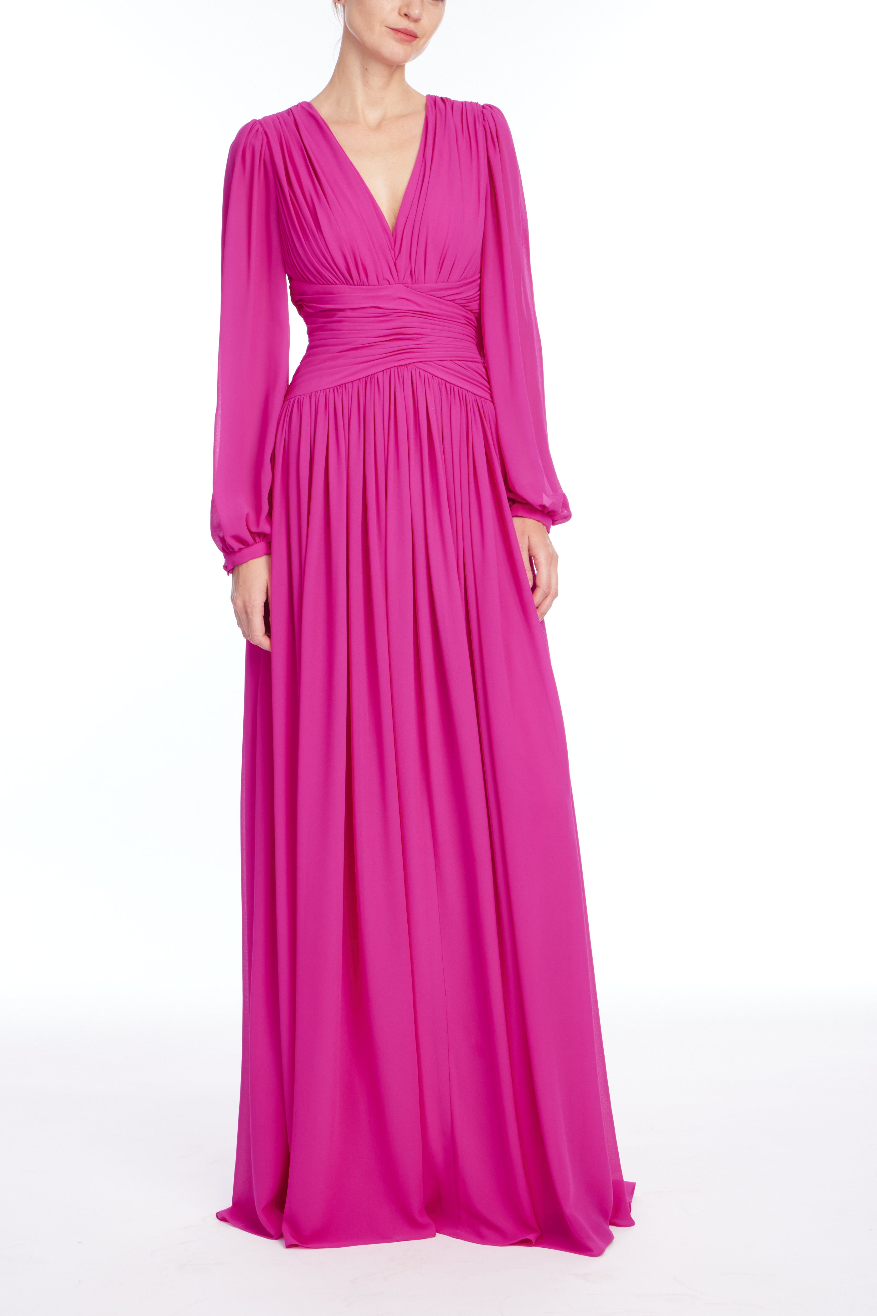 badgley-mischka-v-neck-draped-gown-abendkleid-fuchsia-lang image 1