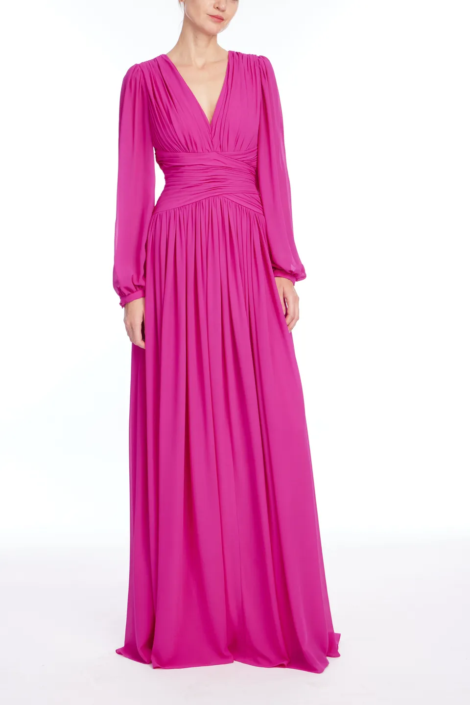 badgley-mischka-v-neck-draped-gown-abendkleid-fuchsia-lang image 1
