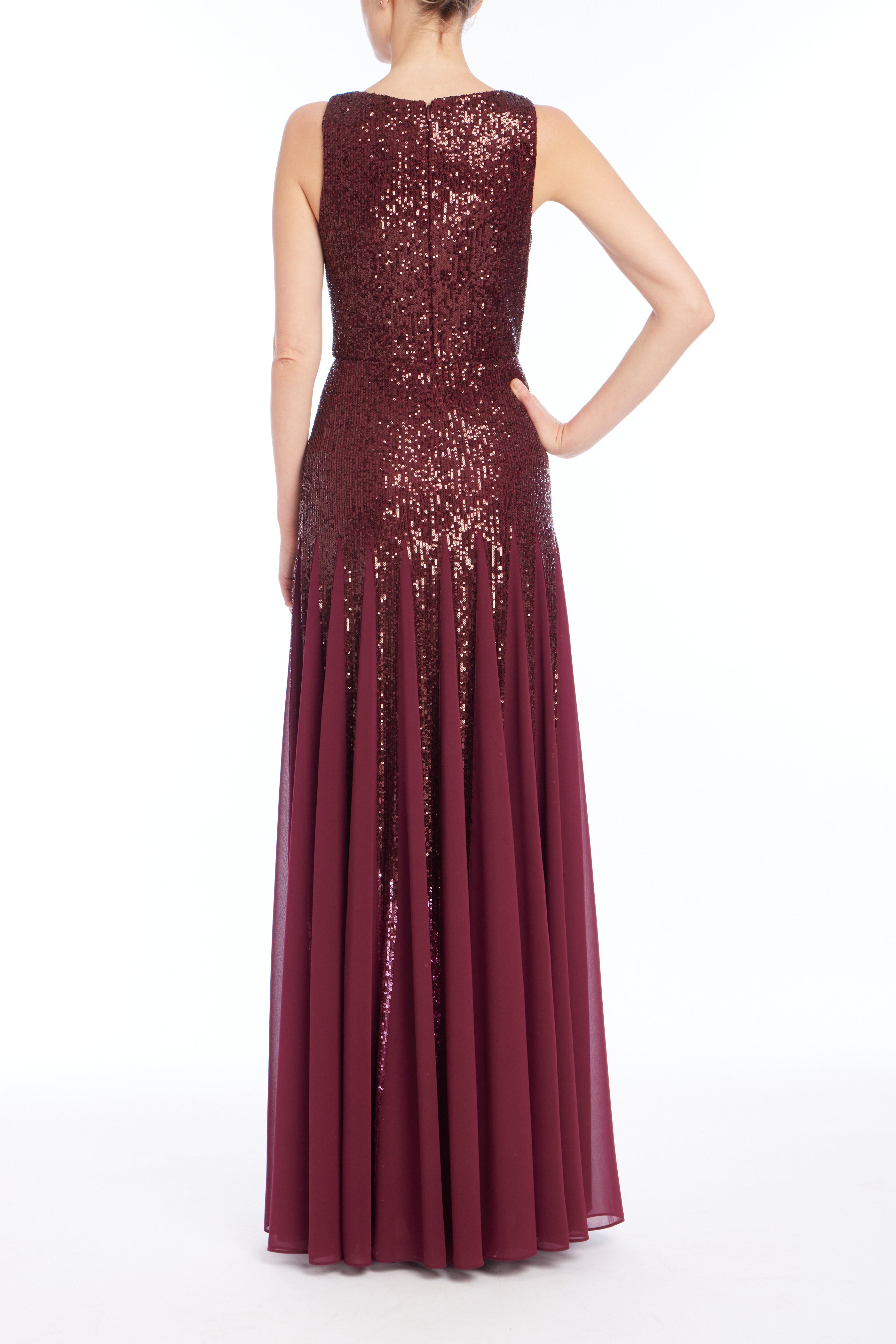 badgley-mischka-sequin-godet-kleid-weinrot-pailletten-lang image 3