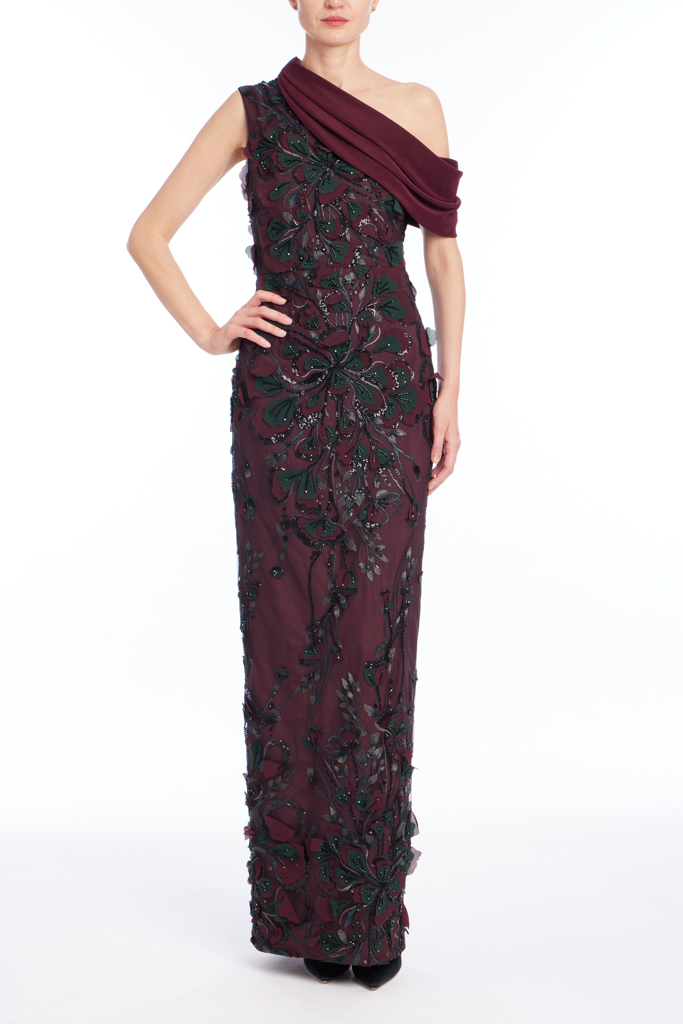 badgley-mischka-abendkleid-weinrot-bestickt-bodenlang-drapiert image 1