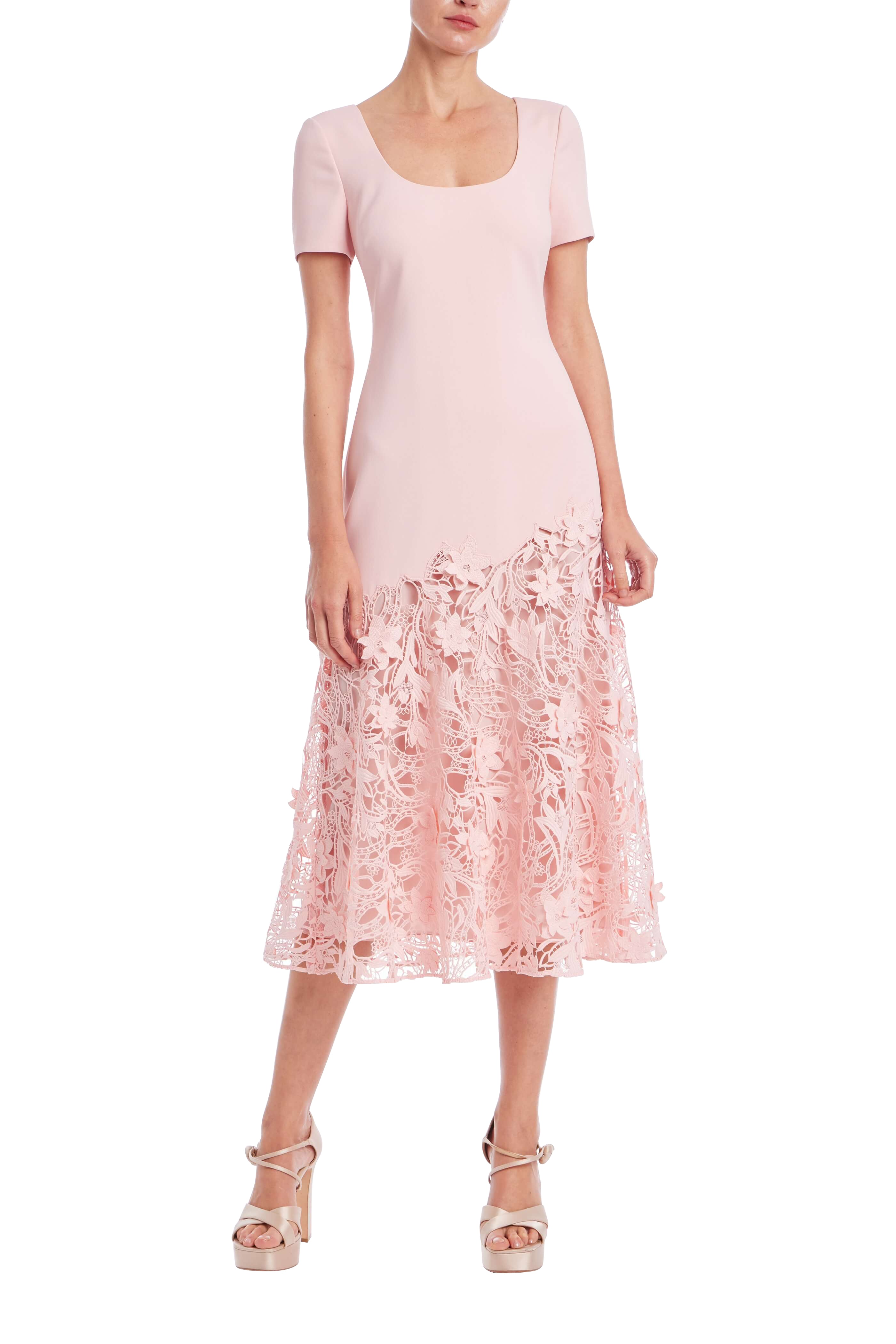 badgley-mischka-a-linie-kleid-midikleid-blush-spitze-kurzarm image 4